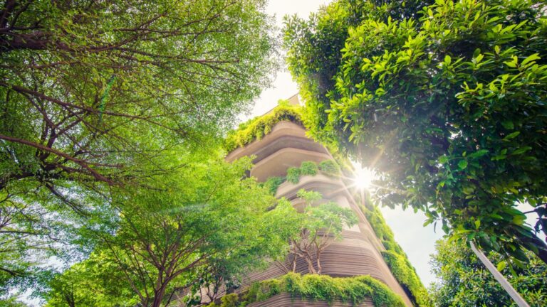 Lower view of sustainable building in Singapore